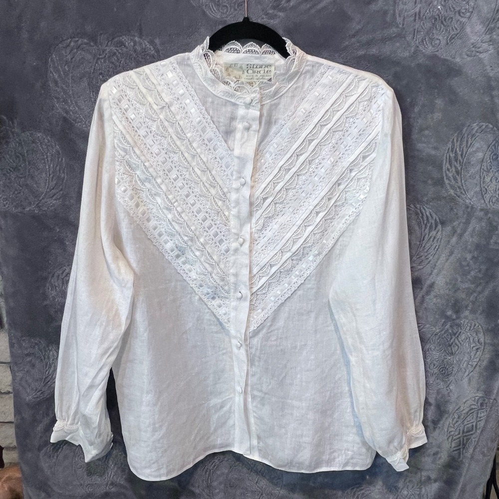 Stone Circle White Irish Linen Lace Ribbon Blouse Vtg Victorian Style Blouse Top